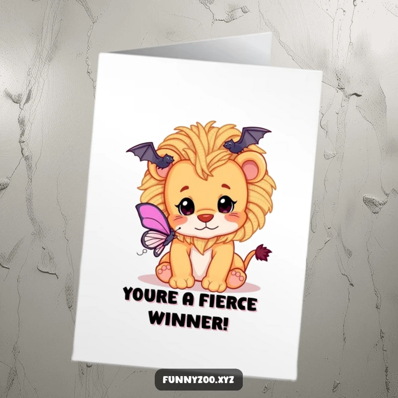 Funny Free Printable Congratulations Card: Playful lion cub with a yarn mane batting at a butterfly, embodying joyful victory.