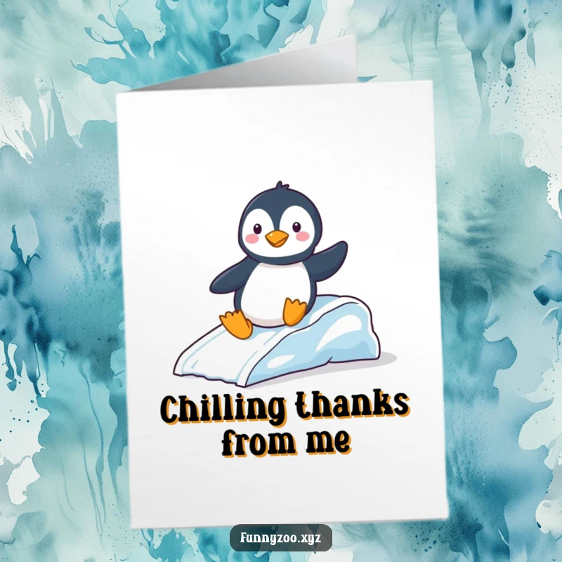 Funny Free Printable Thank You Card: Playful penguin sliding down an ice slide, conveying thanks.