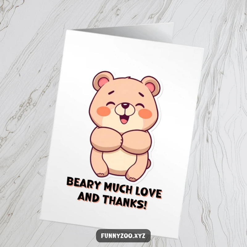 Funny Free Printable Thank You Card: Cheerful bear character giving a big, happy hug to say thanks.