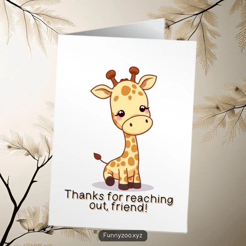 Funny Free Printable thank you card showcasing a friendly giraffe lowering its neck to express heartfelt thanks.