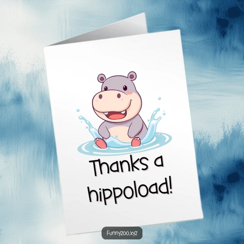 Funny free printable thank you card of a jolly hippo character splashing water happily, conveying thanks.