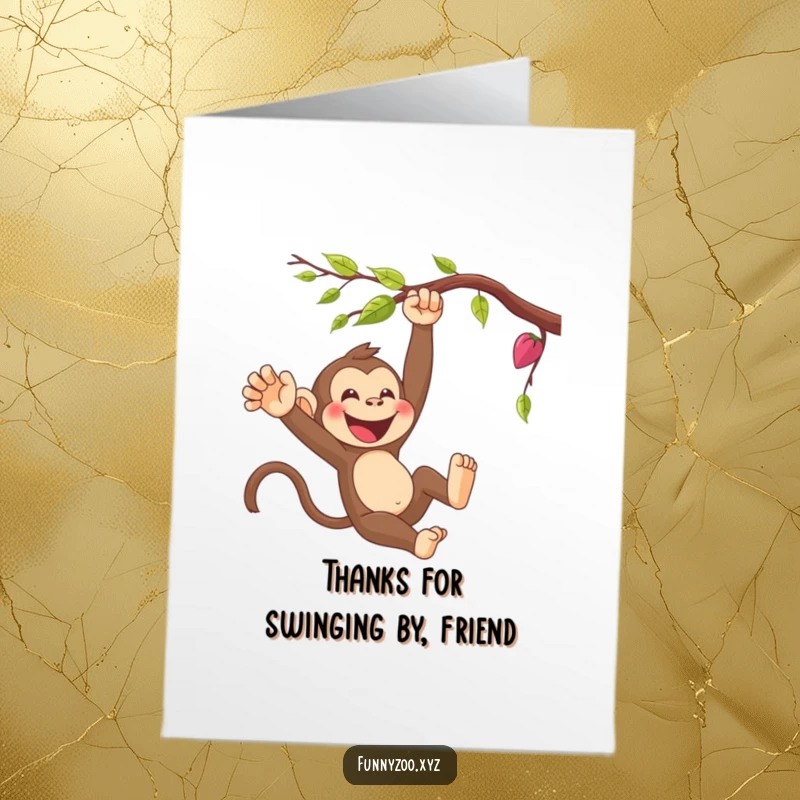 Funny Free Printable Thank You Card: Giggling cartoon monkey energetically swinging from a vine, perfect for expressing thanks.