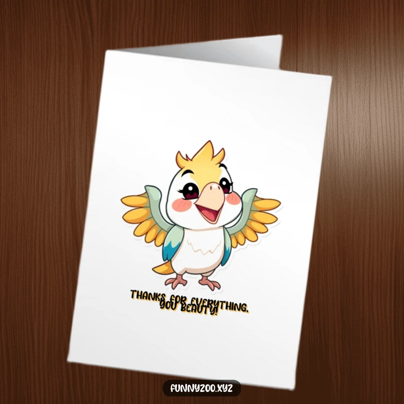 Funny Free Printable thank you card depicting a mischievous parrot beaming with a wide grin, expressing thanks.