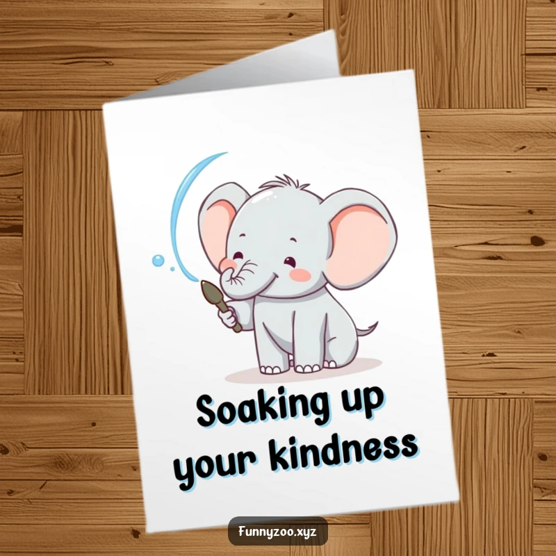 Funny Free Printable Thank You Card with a cheerful elephant spraying water, expressing gratitude in a playful, memorable way.