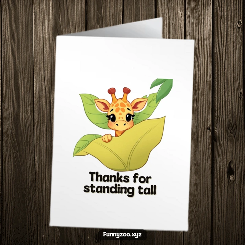 Funny Free Printable Thank You Card: A happy giraffe's head peeking over a stylized jungle leaf, conveying warm thanks.