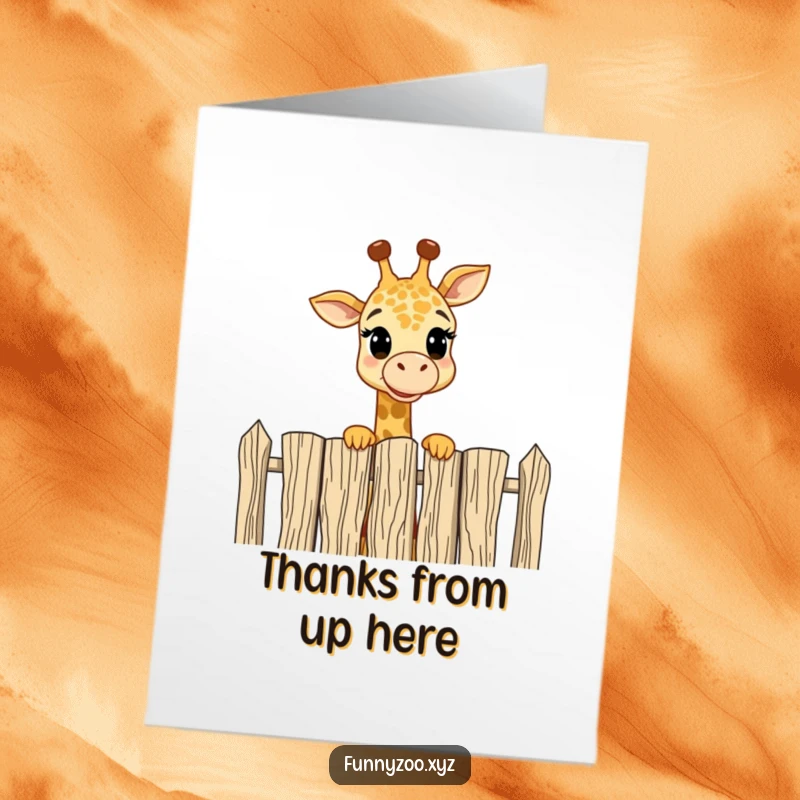 Funny Free Printable Thank You Card: Cheerful giraffe peers over a fence with an amused look, conveying thanks.