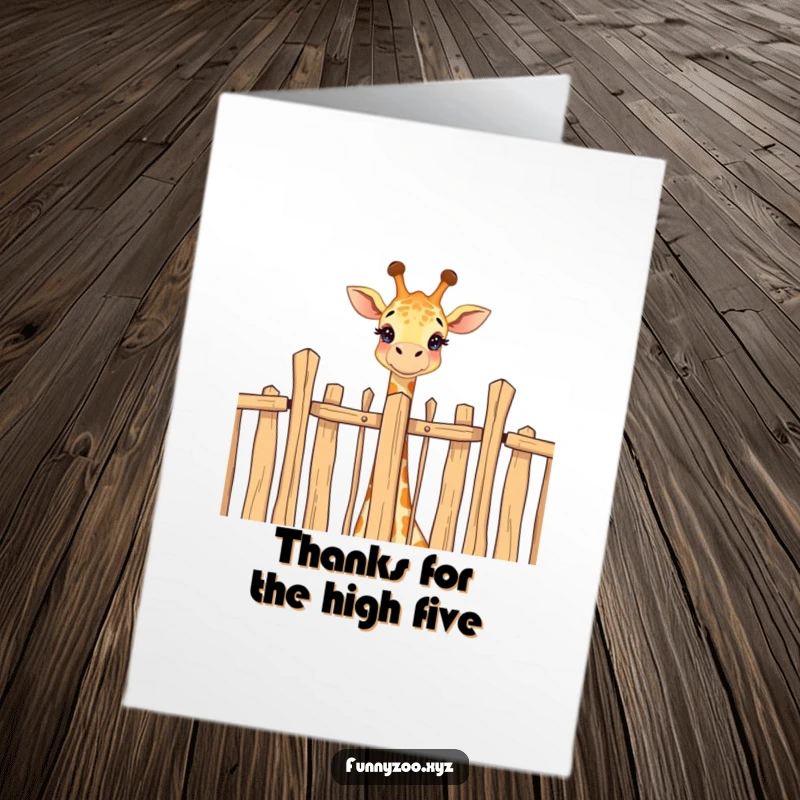 Funny Free Printable Thank You Card: A happy giraffe curiously peeking over a tall fence, a delightful way to show appreciation.