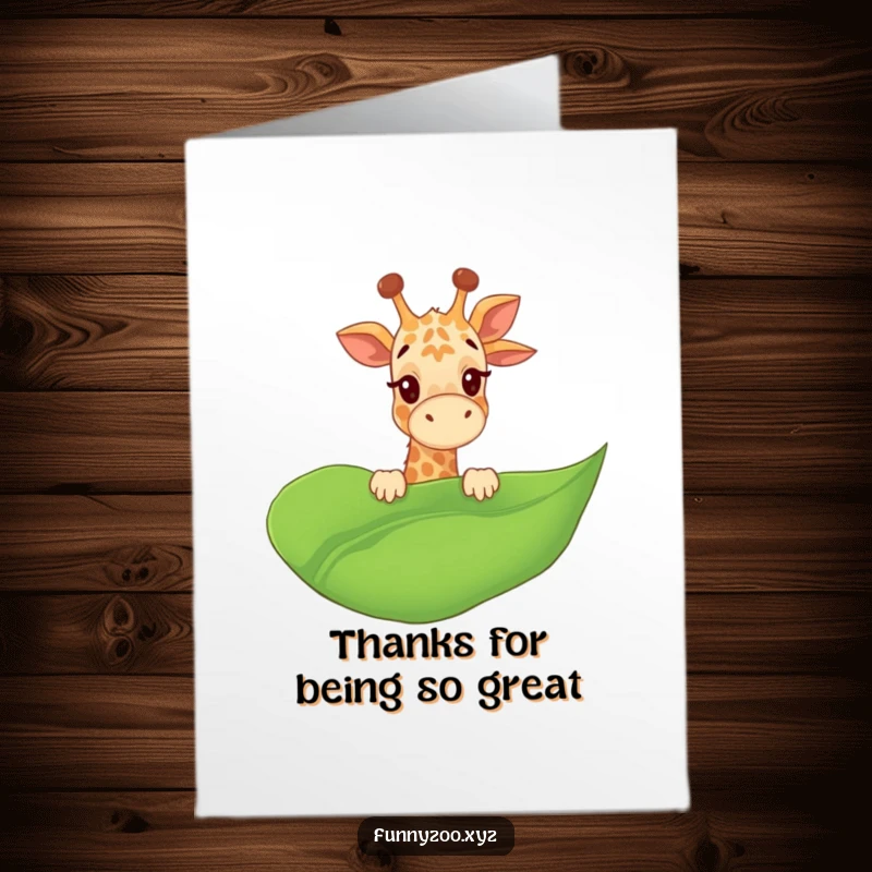 Funny Free Printable Thank You Card: Giggling giraffe peeking over a giant leaf, a humorous, downloadable way to say thanks.