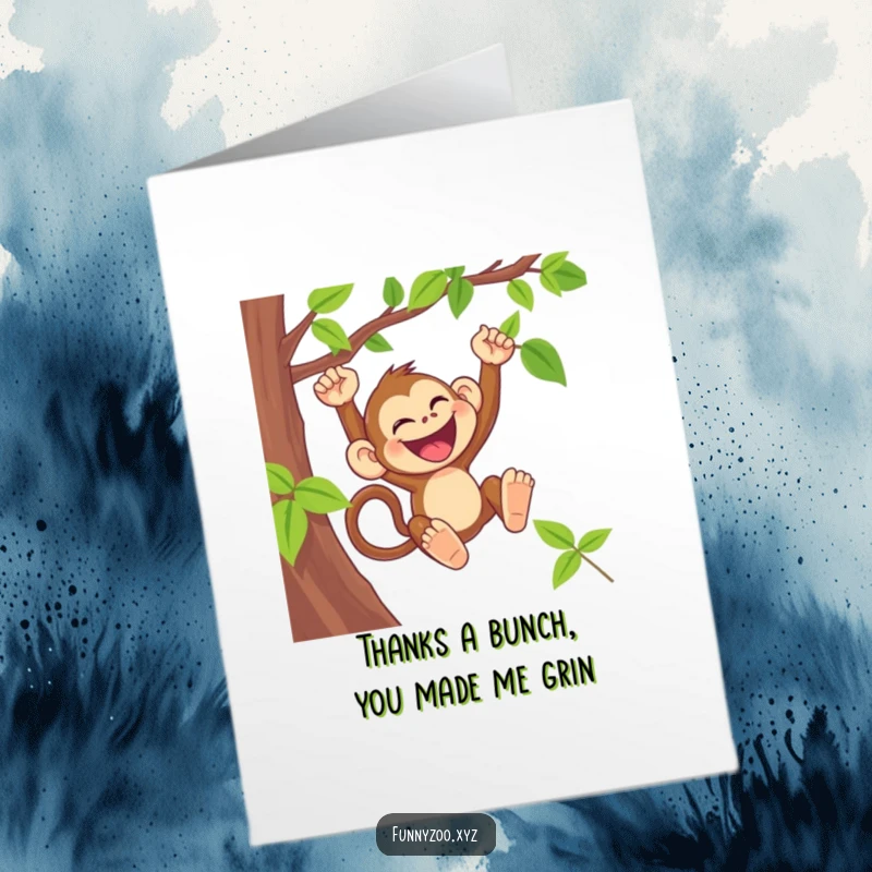 Funny Free Printable Thank You Card: A laughing monkey swinging from a vine with glee, expressing thanks.