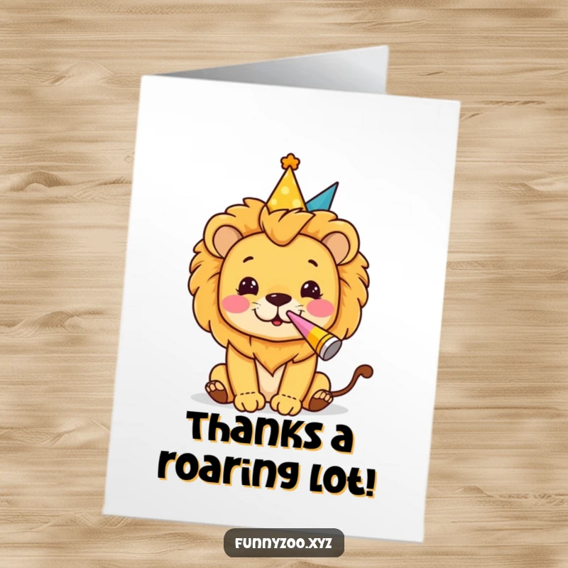 Funny Free Printable Thank You Card with a lion wearing a party hat, blowing a party horn to express thanks.