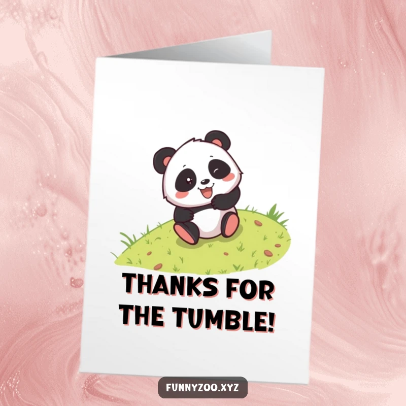Funny free printable thank you card with a happy panda rolling down a hill, spreading joy and gratitude.