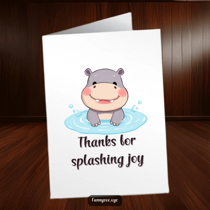Free Printable Thank You Card: A smiling hippo creates a small splash in its pool, conveying thanks in a cute way.