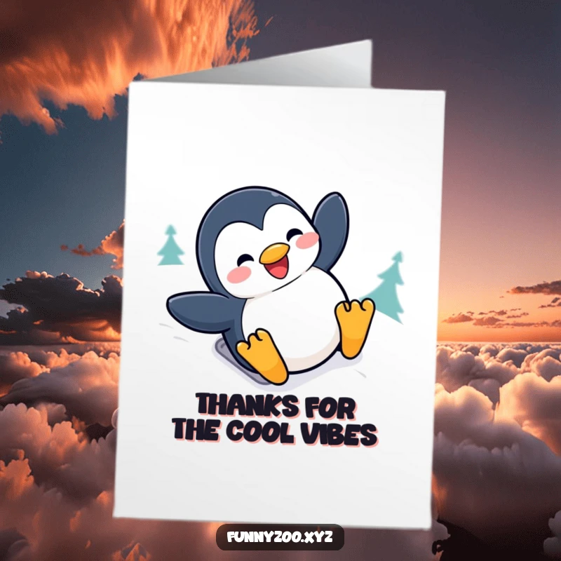 Free Printable Thank You Card: A penguin joyfully slides down a snowy hill with a big grin, expressing thanks.