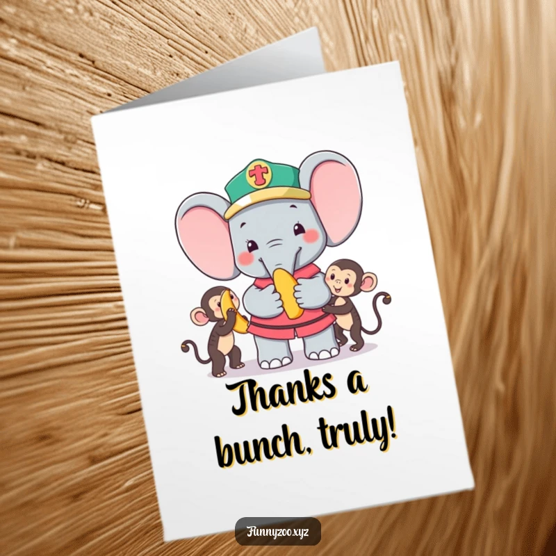 Funny Free Printable Thank You Card: Cheerful elephant zookeeper offers a banana to a monkey, expressing thanks.