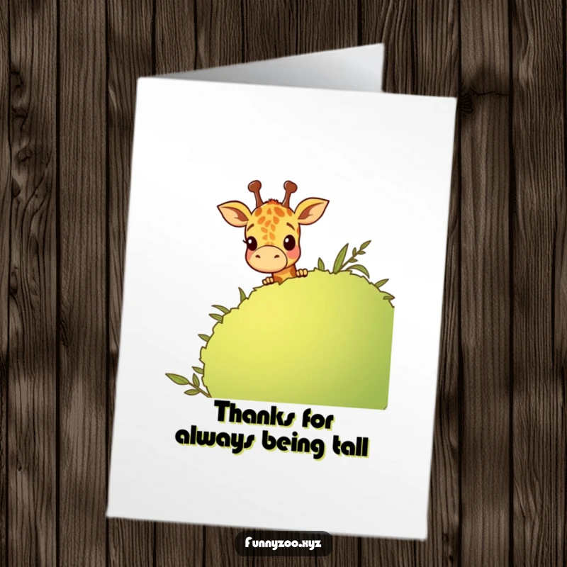 Funny Free Printable Thank You Card: Giraffe peeking curiously over a bush, a humorous way to express gratitude, print at home.