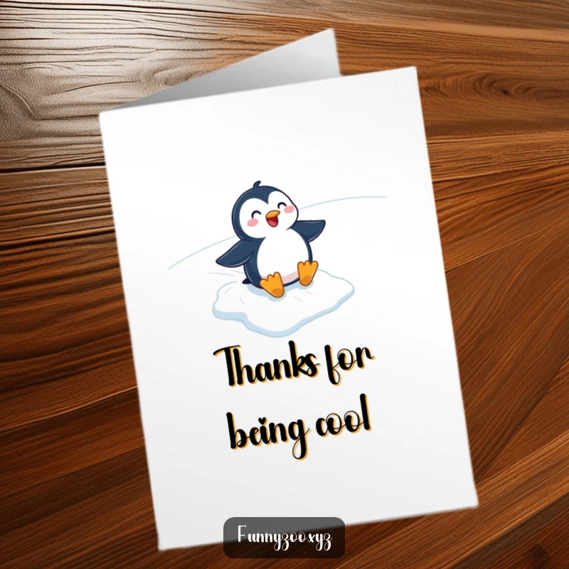Funny Free Printable Thank You Card: Cheerful penguin sliding down an icy slope, perfect for conveying thanks with a smile.