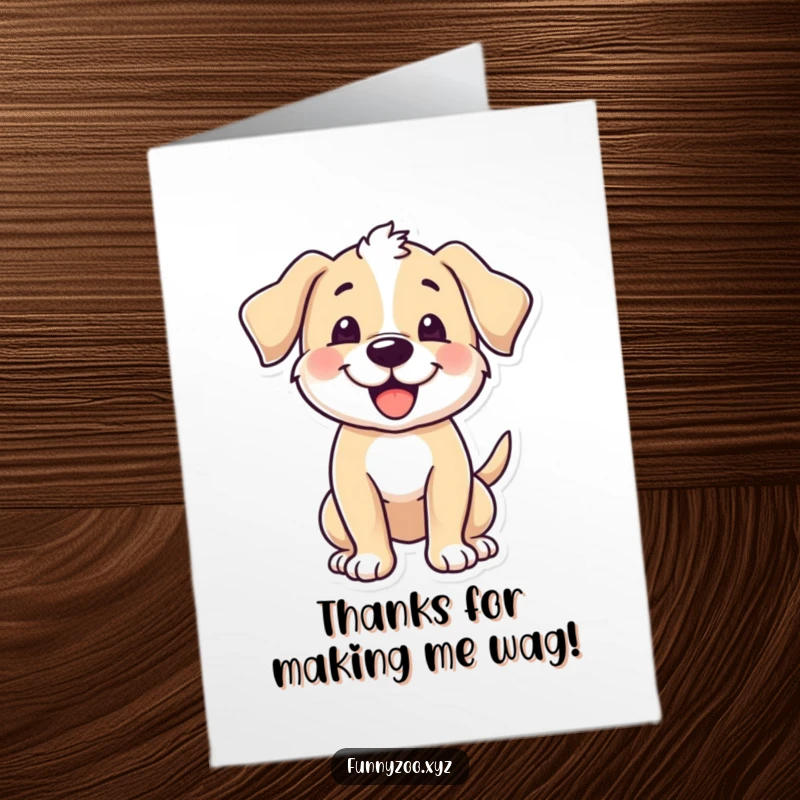 Funny Free Printable thank you card with a happy puppy character enthusiastically wagging its tail in gratitude.