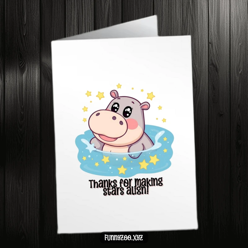 Funny Free Printable Thank You Card: A hippo with big eyes giggles while splashing in a pool of stars, making thanks magical.