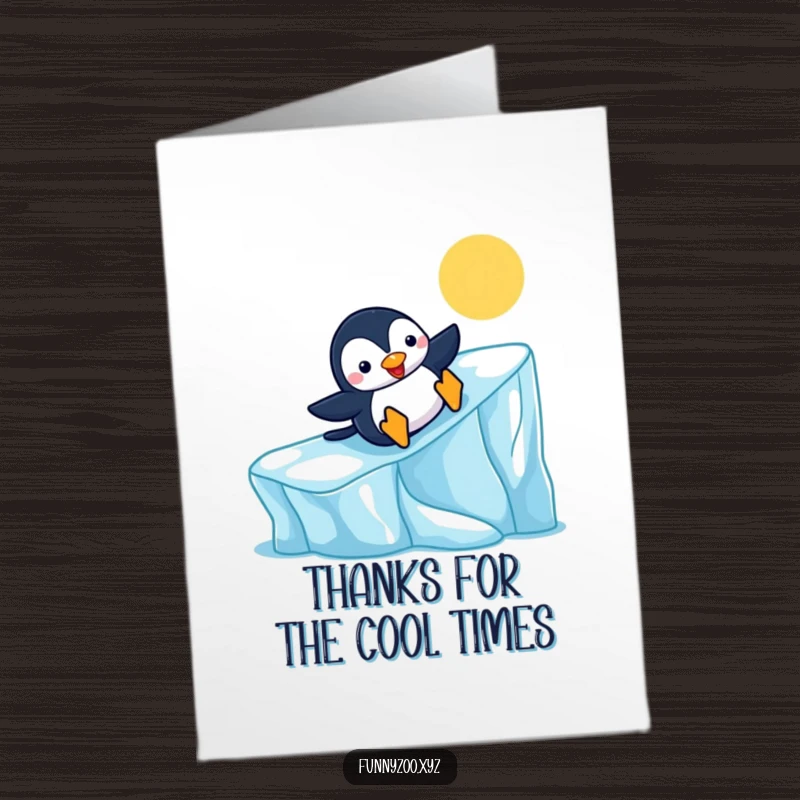 Funny Free Printable Thank You Card: Cheerful penguin sliding down an iceberg, humorously expressing thanks with a downloadable design.