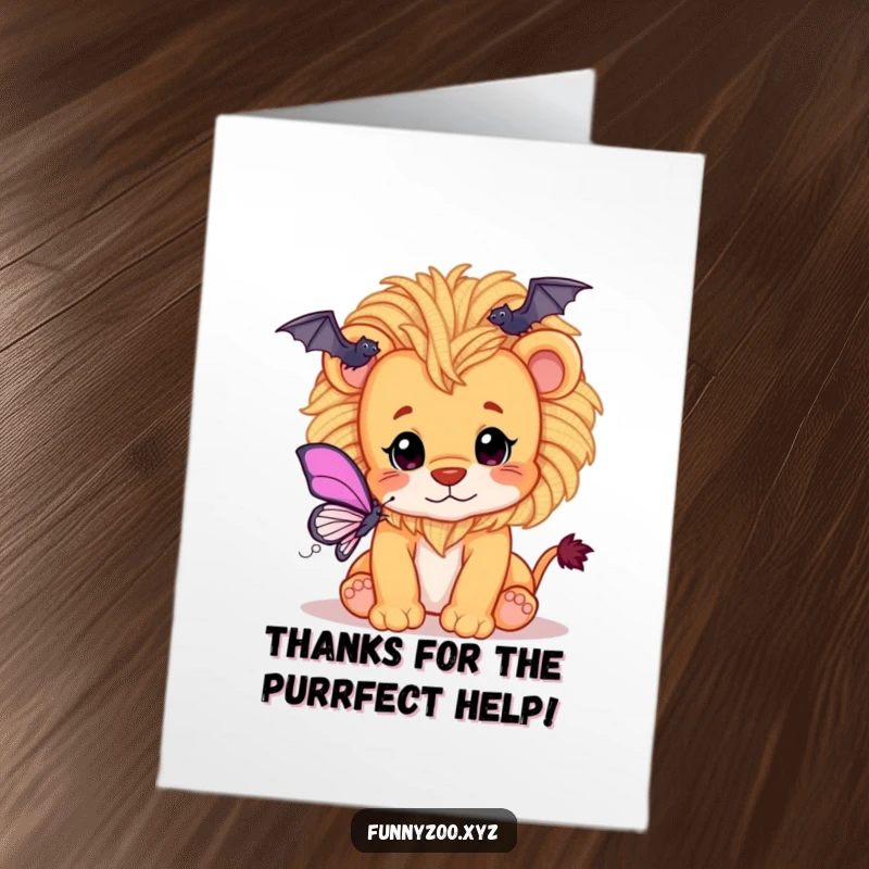 Funny Free Printable Thank You Card: Playful lion cub with a fluffy yarn mane batting at a butterfly, expressing thanks.