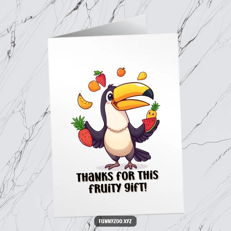 Funny Free Printable Thank You Card: A cheerful toucan juggling a rainbow of fruits, expressing thanks with a playful and artistic flair.