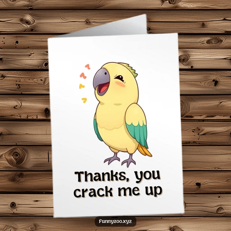 Funny Free Printable Thank You Card: Delighted parrot mimicking a funny sound, giving a cheerful thank you.