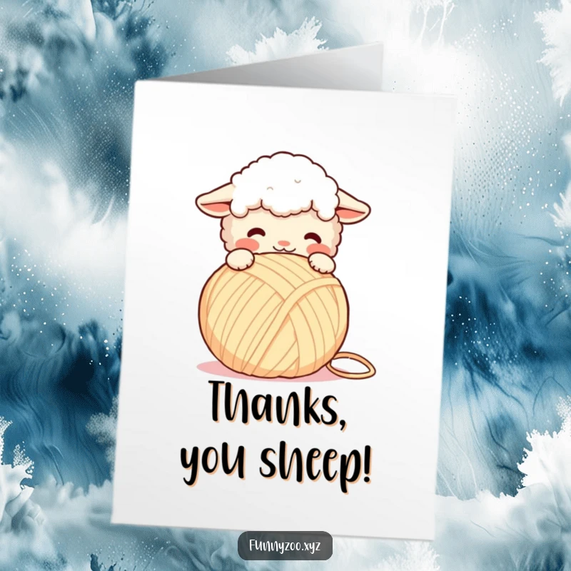 Funny Free Printable Thank You Card: A fluffy sheep playfully headbutts a giant yarn ball, showing thanks.