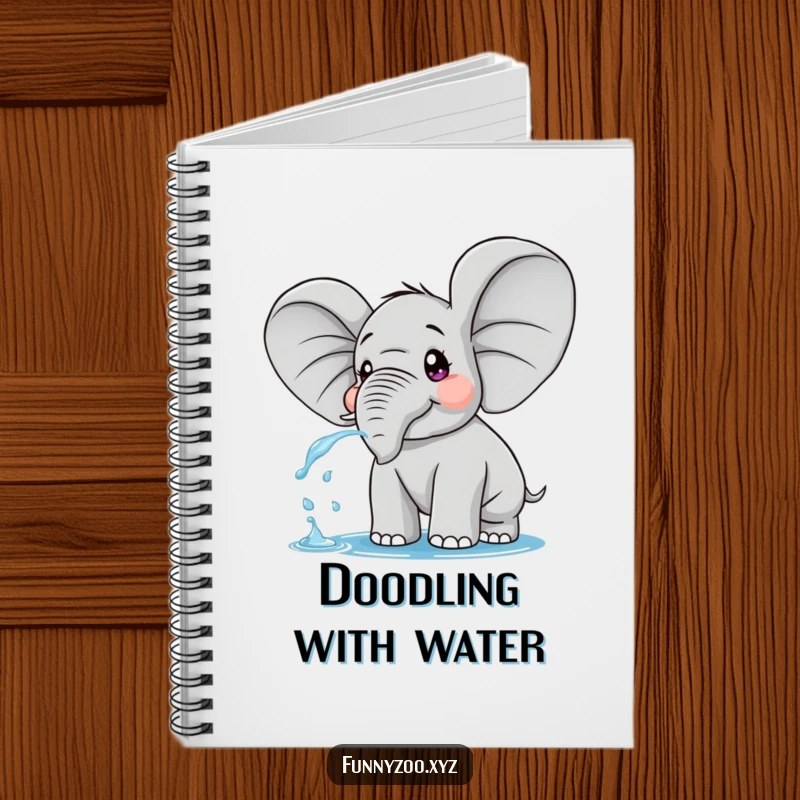 Funny notebook showcasing a surprised elephant with oversized ears, playfully spraying water, inspiring creative writing.