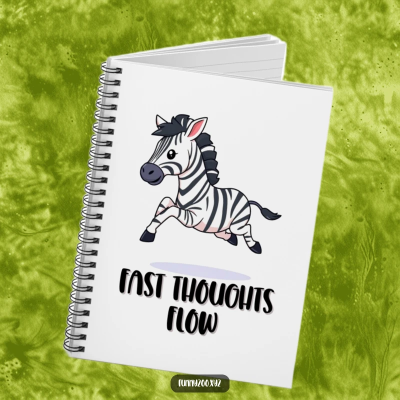 Funny notebook with a playful zebra character galloping with legs kicking, designed for capturing energetic thoughts and ideas.