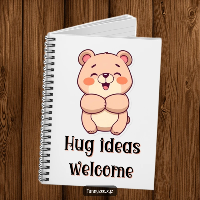 Funny cheerful bear notebook, showing a bear giving a big, warm, and happy hug, perfect for jotting down thoughts.