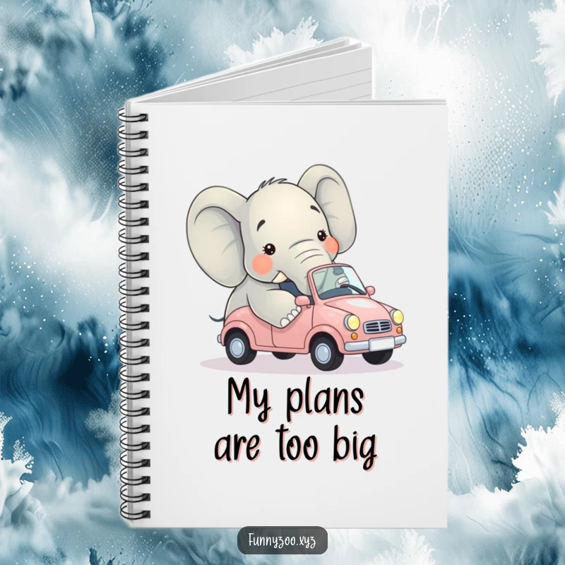 Funny notebook cover with an elephant comically attempting entry into a miniature car, exuding humorous struggle.