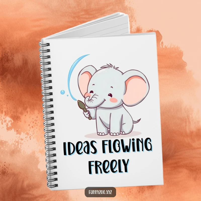 Funny elephant notebook with a cheerful character spraying water, perfect for capturing notes and creative thoughts humorously.