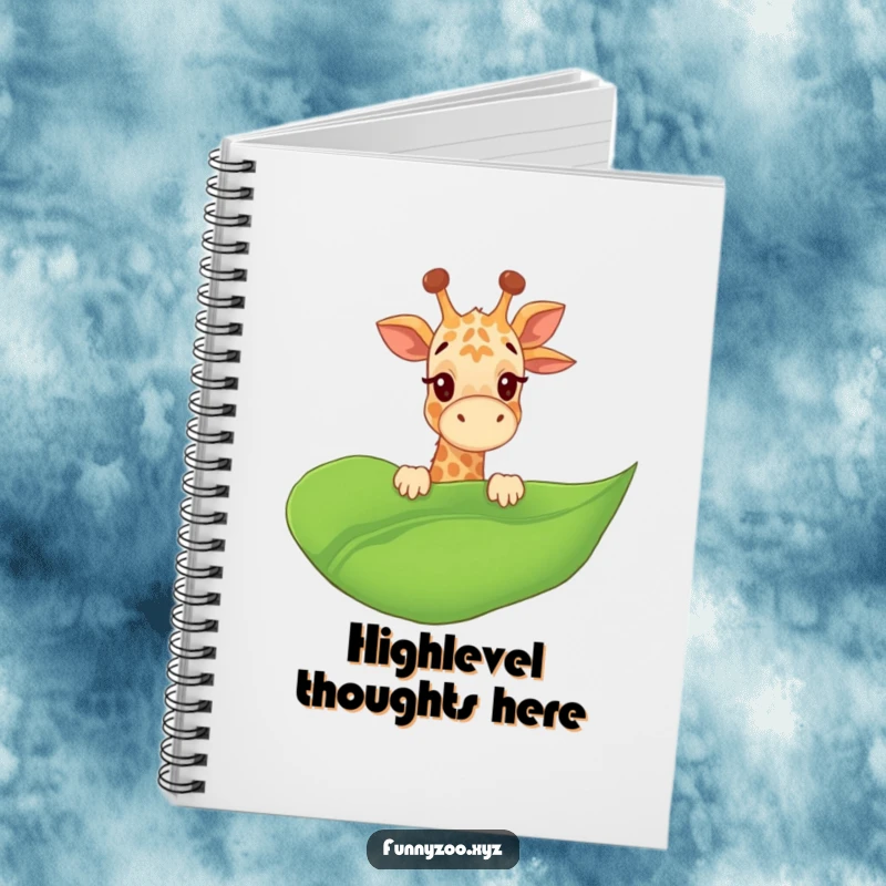 Funny Giraffe Notebook giggling and peeking over a giant leaf, perfect for jotting notes, a charming funny gift.