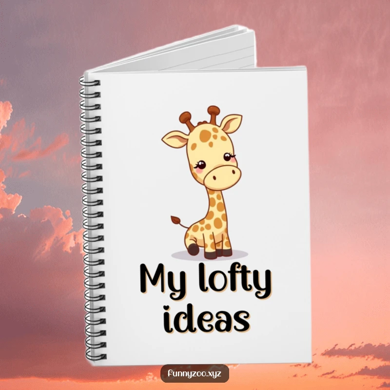 Funny giraffe notebook, character lowering head to greet, blank pages for notes, playful journal, ideal funny gift.