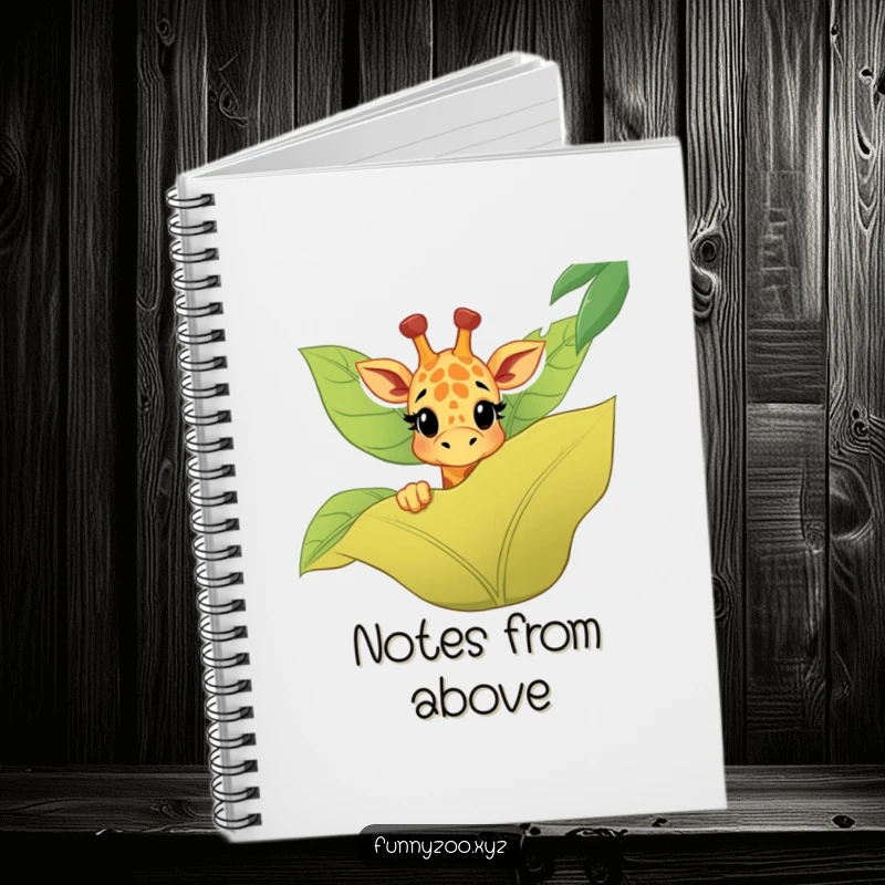 Funny giraffe notebook with a happy character peeking over a jungle leaf, ideal for creative thoughts and notes.