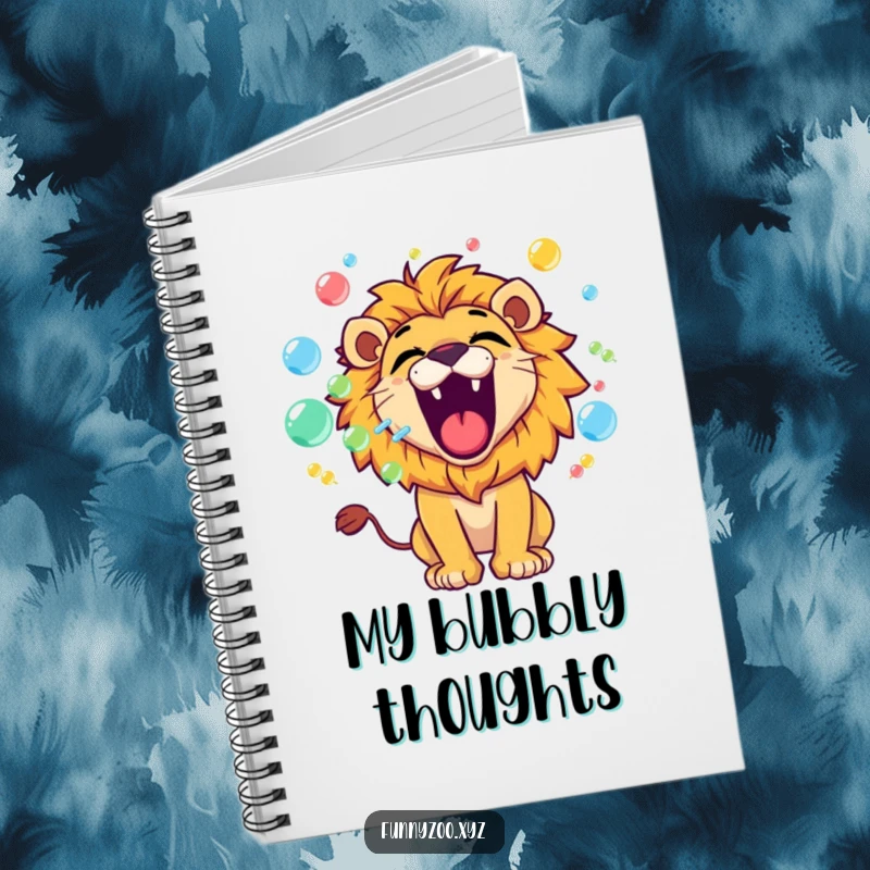 Funny lion notebook with a playful character roaring and blowing colorful bubbles, perfect for humorous note-taking.