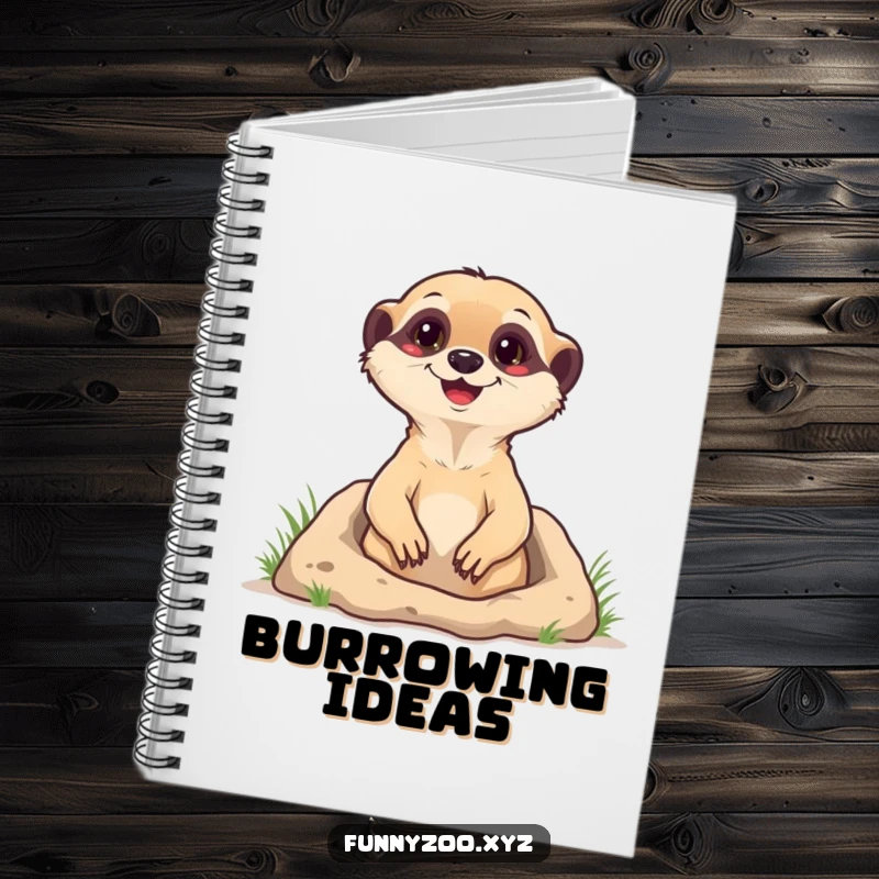 Funny Notebook with a happy meerkat popping out of its burrow, designed for capturing ideas with a humorous and joyful character on the cover.