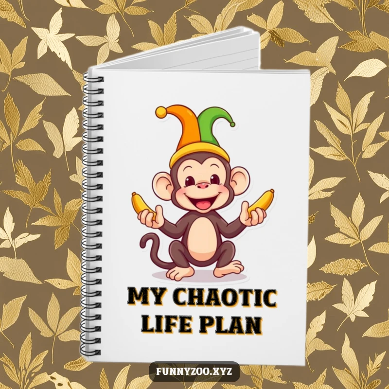 Funny Monkey Jester Notebook a silly monkey juggles bananas while wearing a jester hat, perfect for jotting down funny ideas in this humorous journal.