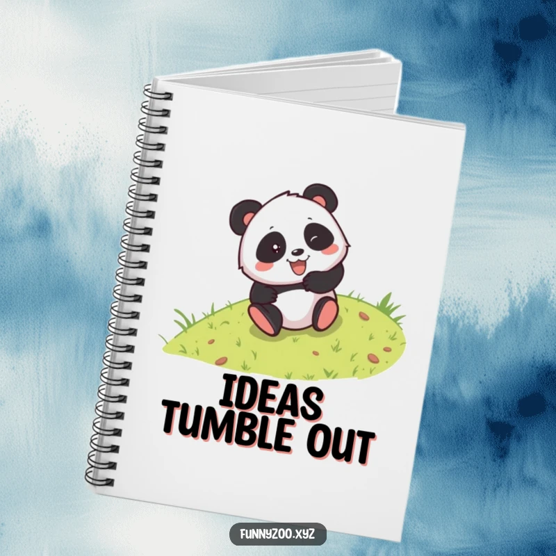 Funny notebook with a mischievous panda rolling down a grassy hill, designed for capturing notes and sparking creative, humorous thoughts.