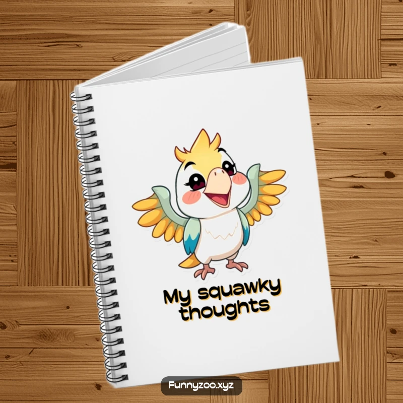 Funny parrot notebook, character squawking with a wide grin, blank pages for notes, mischievous journal, ideal funny gift.