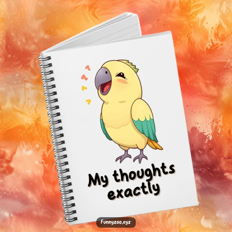 Funny notebook cover featuring a parrot hilariously mimicking a sound, designed to inspire humorous notes and ideas.