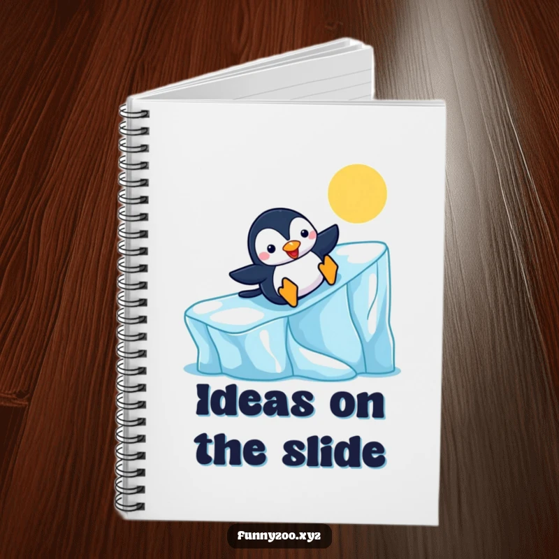 Funny Penguin Notebook with a cheerful slide down an iceberg, perfect for jotting notes, a charming funny gift.