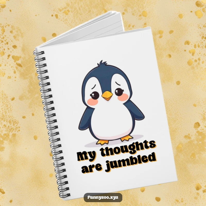 Funny notebook cover depicting a penguin waddling with a confused expression, ideal for journaling with a humorous touch.