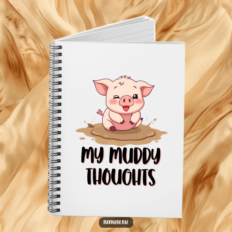 Funny piglet notebook, character happily rolling in a mud puddle, blank pages for notes, silly journal, ideal funny gift.