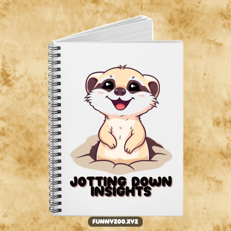 Funny notebook with a happy meerkat character popping its head out of a hole, designed for jotting down notes and observations.