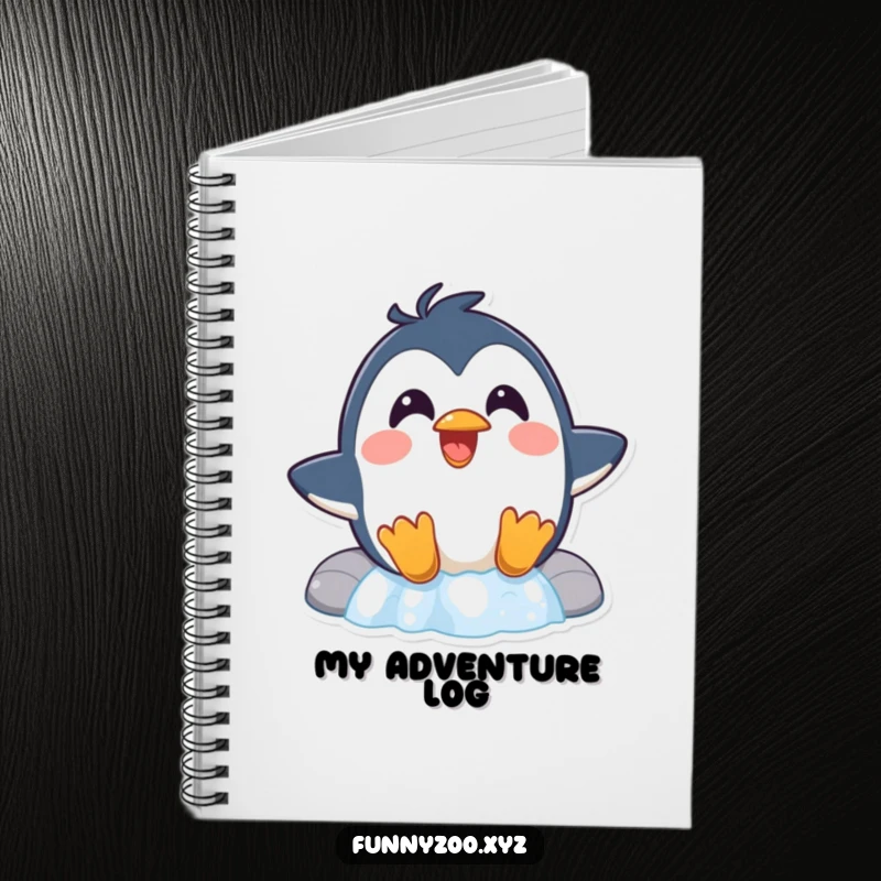 Funny Penguin Waterfall Notebook a surprised penguin laughs while sliding down a waterfall, perfect for jotting down exciting ideas in this humorous journal.