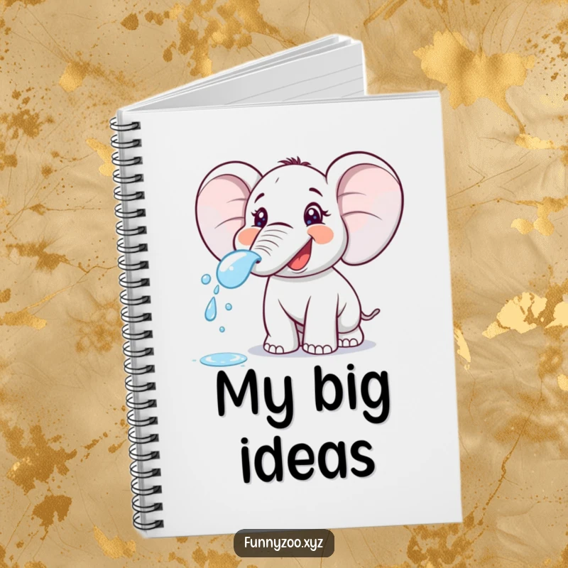 Funny cartoon elephant spraying water from its trunk on the cover of a notebook. Ideal for jotting notes with a playful theme.