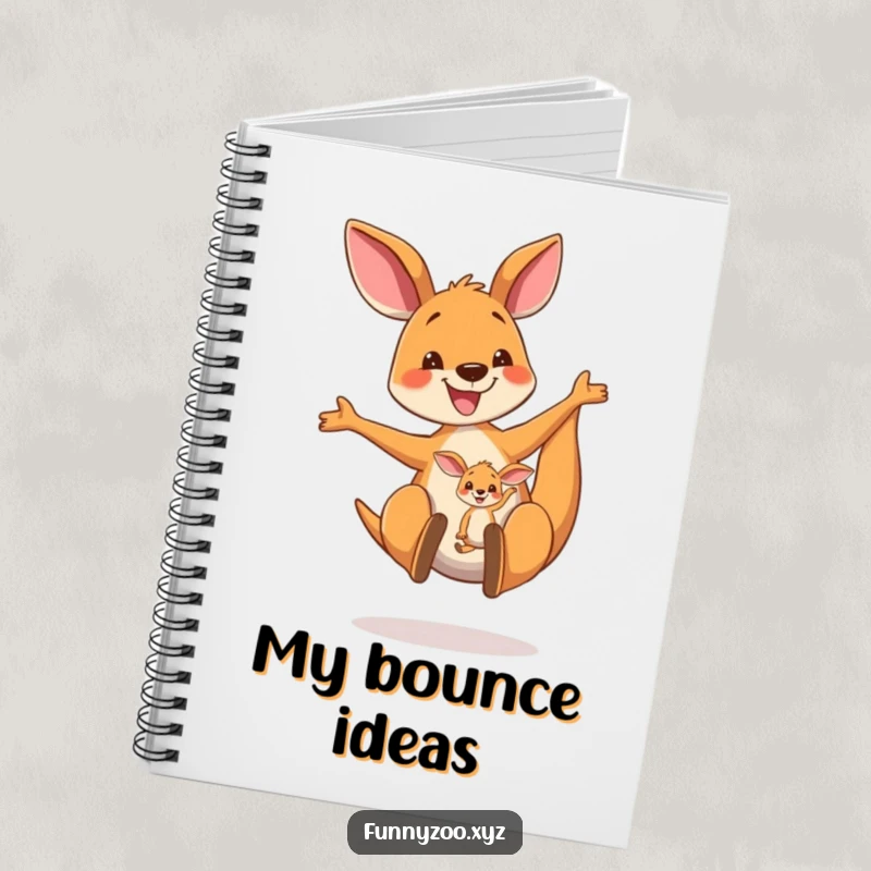 Funny Kangaroo Notebook: A cheerful kangaroo mom bouncing with her joey in the pouch, ideal for jotting down happy thoughts and plans.