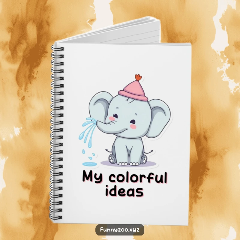 Funny Elephant Rainbow Spray Notebook: A notebook with a happy elephant spraying a rainbow on its cover, ideal for creative notes.