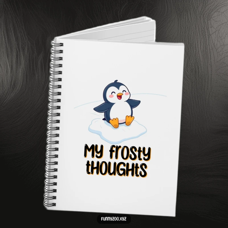 Funny cartoon penguin sliding down an icy slope on the cover of a notebook. Ideal for jotting notes with a winter theme.